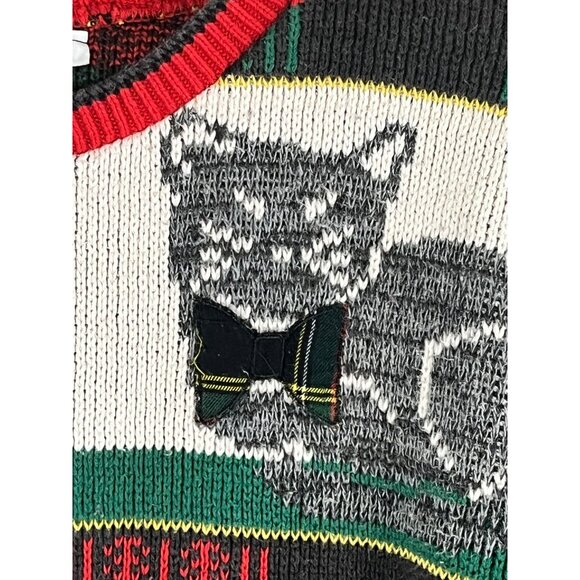 Vintage Knit Christmas Sweater S Cat Plaid Festive Holiday 80s Retro Classic - Picture 3 of 11